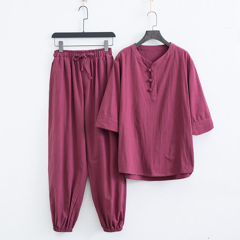 Buddha Stones無地 伝統的 コットン リネン 半袖 Tシャツ パンツ 衣類 メンズ セット - 赤(トップス&パンツ) - US/UK/AU44、 EU54 (4XL) - image 14