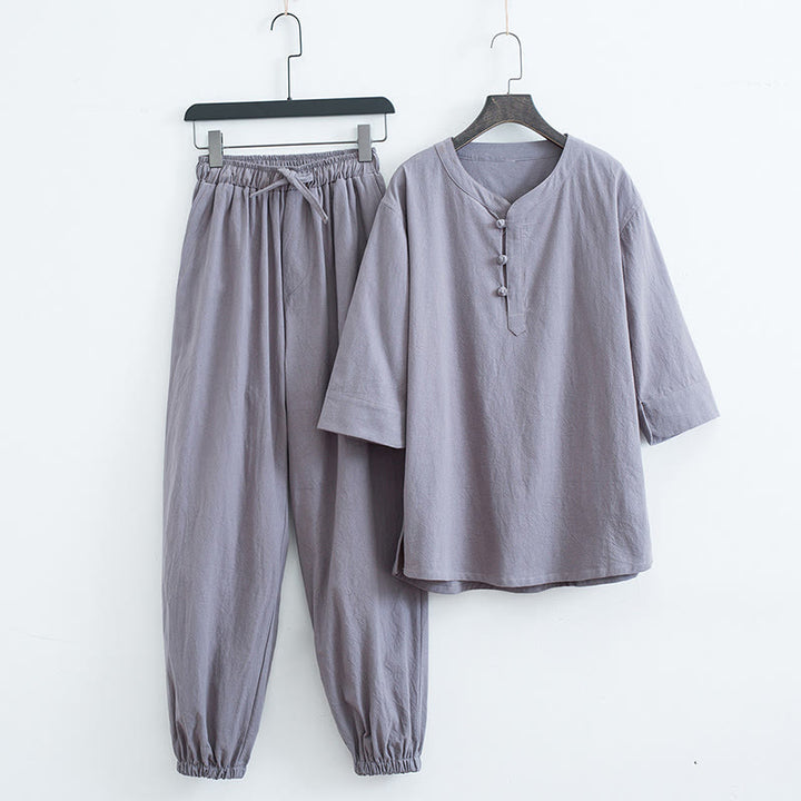 Buddha Stones無地 伝統的 コットン リネン 半袖 Tシャツ パンツ 衣類 メンズ セット - グレー(トップス&パンツ) - US/UK/AU44、 EU54 (4XL) - image 7