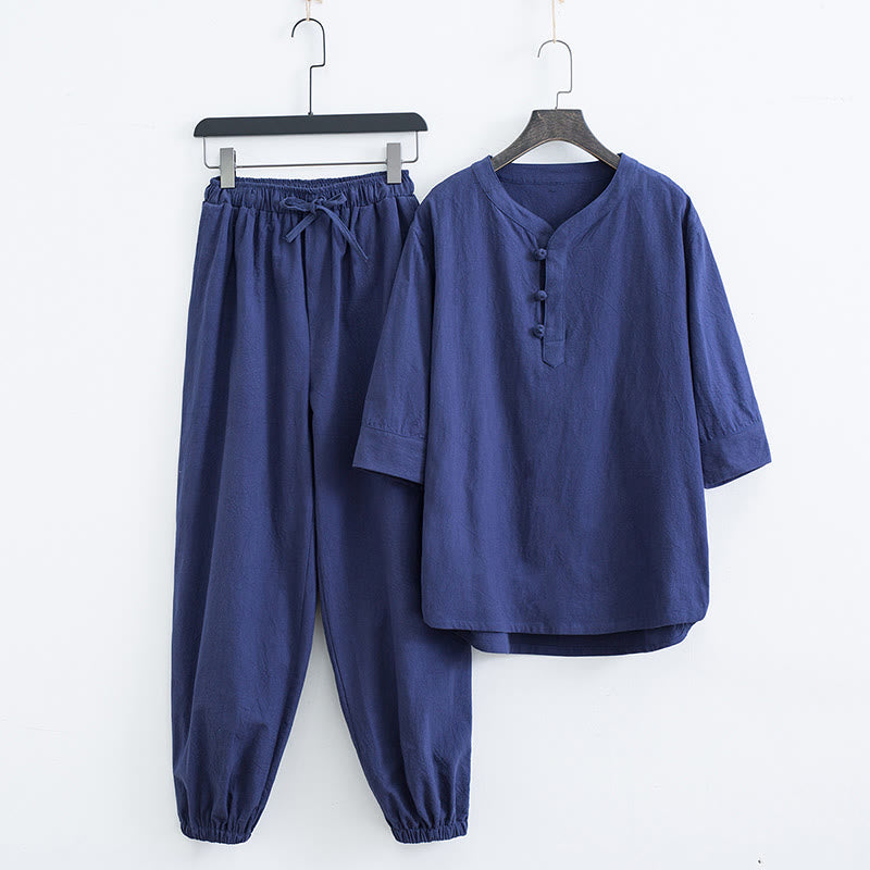 Buddha Stones無地 伝統的 コットン リネン 半袖 Tシャツ パンツ 衣類 メンズ セット - ネイビーブルー(トップス&パンツ) - US/UK/AU44、 EU54 (4XL) - image 12