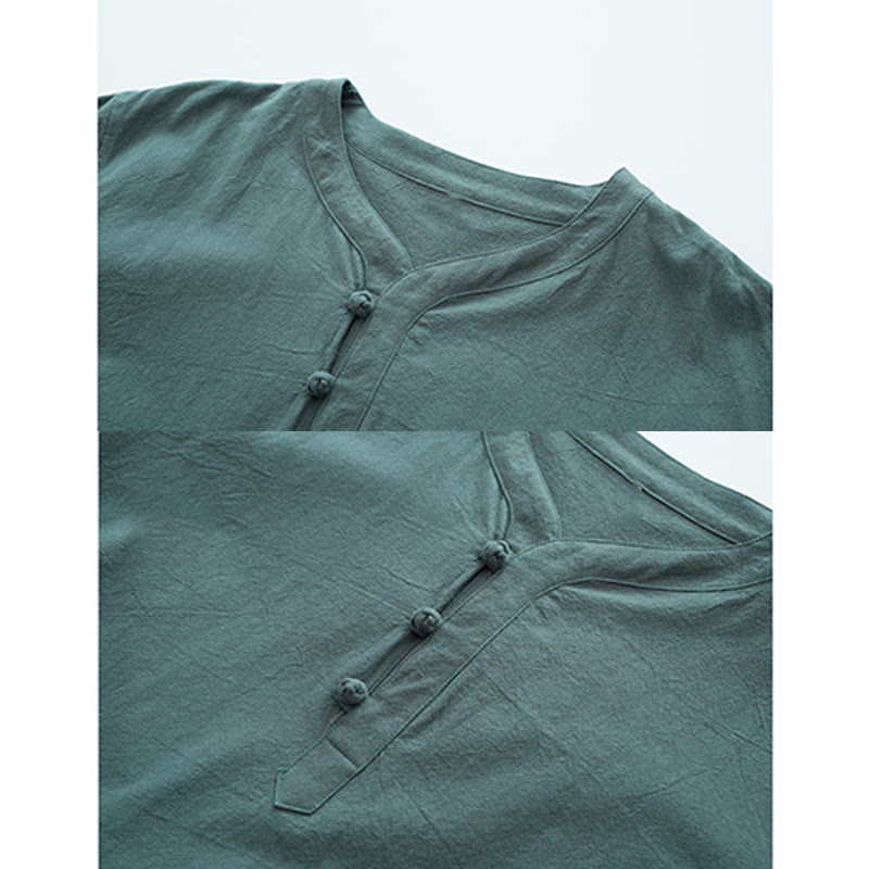 Buddha Stones無地 伝統的 コットン リネン 半袖 Tシャツ パンツ 衣類 メンズ セット - image 1
