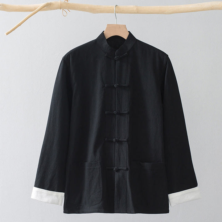 Buddha Stonesカエルボタン 中国唐装シャツ コットンリネン メンズジャケット 衣類 - 黒いシャツと白いカエルのボタン - US/UK/AU44、 EU54 (4XL) - image 2