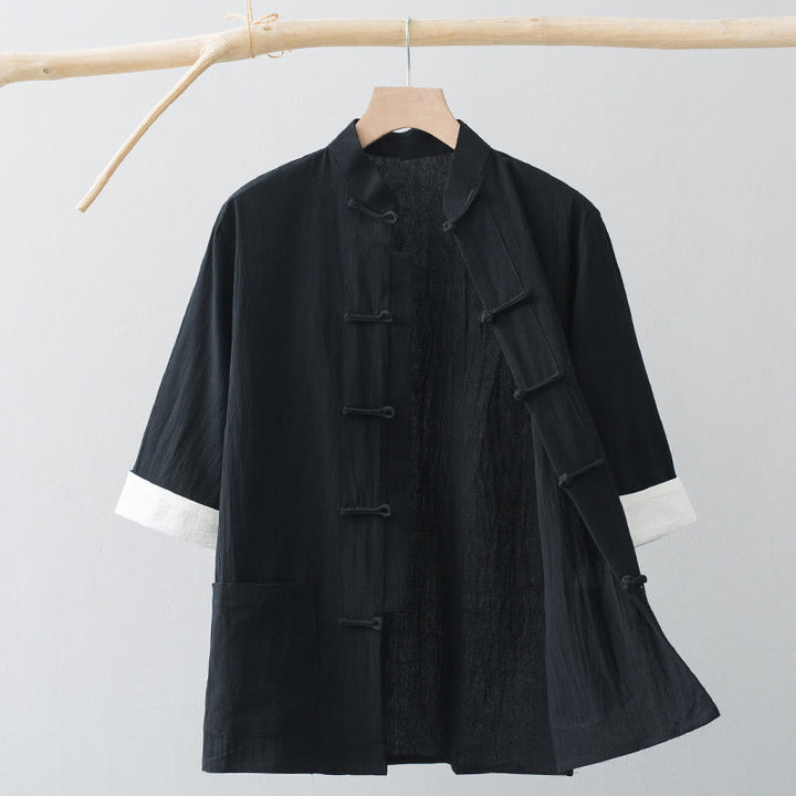 Buddha Stonesカエルボタン 中国唐装 半袖シャツ コットン メンズ ポケット付き - 黒 - US/UK/AU44、 EU54 (4XL) - image 12