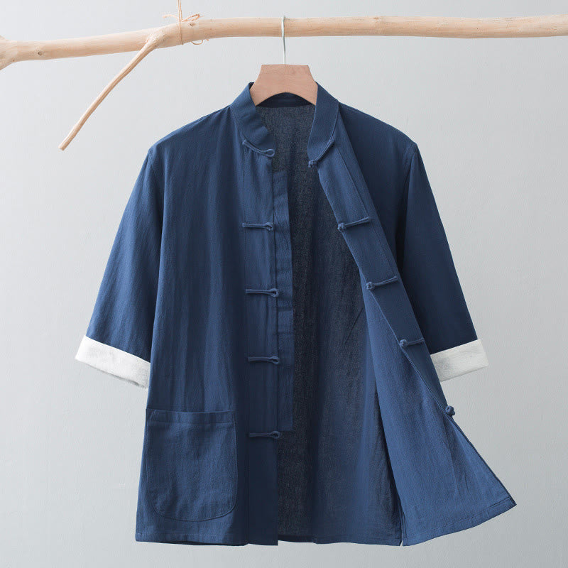 Buddha Stonesカエルボタン 中国唐装 半袖シャツ コットン メンズ ポケット付き - ネイビーブルー - US/UK/AU44、 EU54 (4XL) - image 15