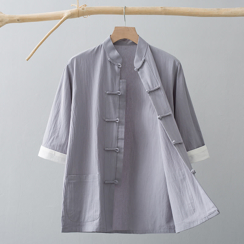 Buddha Stonesカエルボタン 中国唐装 半袖シャツ コットン メンズ ポケット付き - グレー - US/UK/AU44、 EU54 (4XL) - image 11