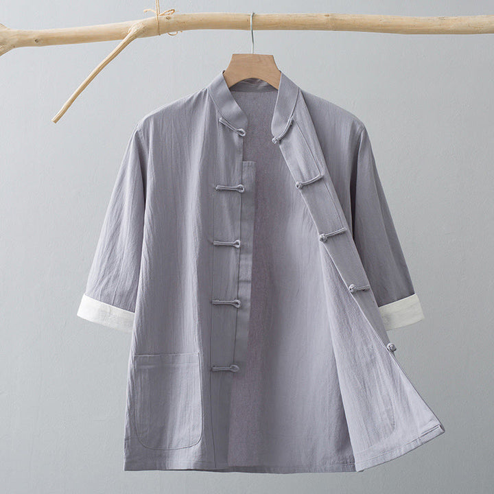 Buddha Stonesカエルボタン 中国唐装 半袖シャツ コットン メンズ ポケット付き - グレー - US/UK/AU44、 EU54 (4XL) - image 11