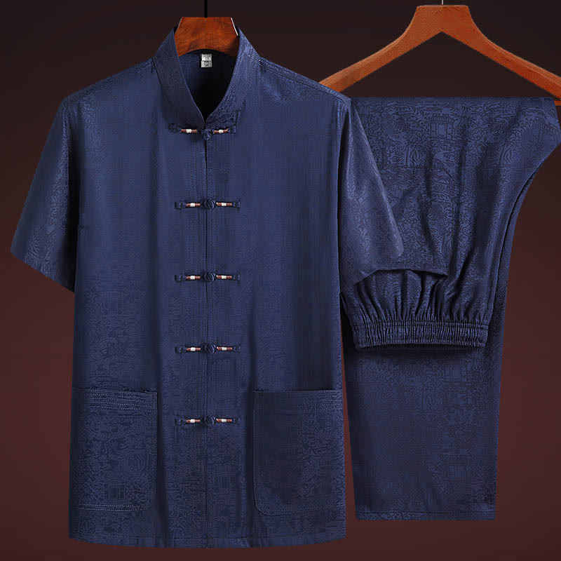 清明節の川沿いのBuddha Stones模様の伝統的な唐装半袖シャツパンツ服装メンズセット