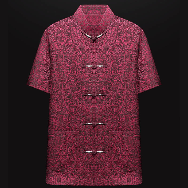 清明節の川沿いのBuddha Stones模様の伝統的な唐装半袖シャツパンツ服装メンズセット