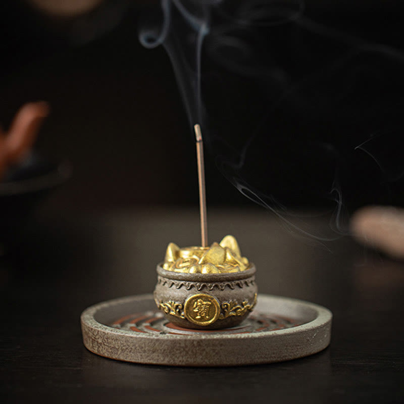 Buddha Stonesの小さな宝鉢、福袋、八卦盆、癒しの陶器スティック香炉装飾