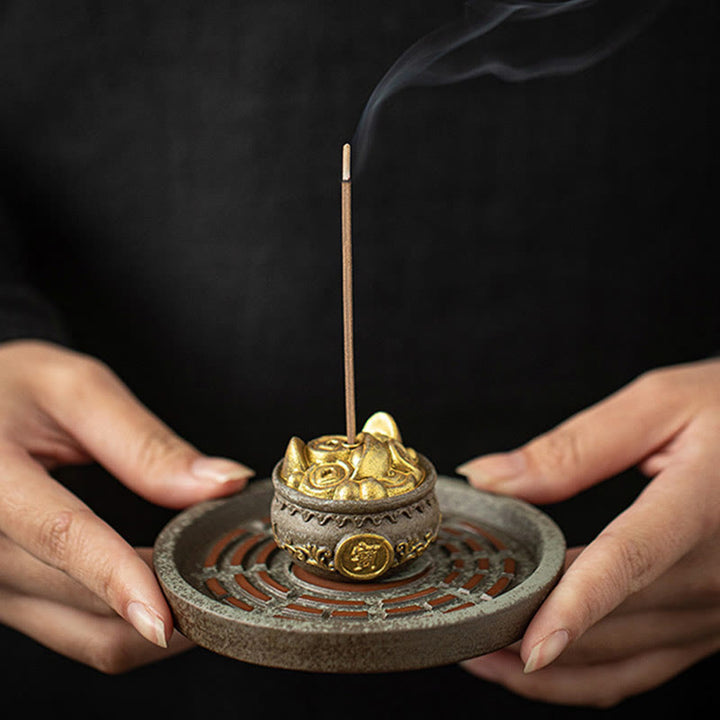 Buddha Stonesの小さな宝鉢、福袋、八卦盆、癒しの陶器スティック香炉装飾
