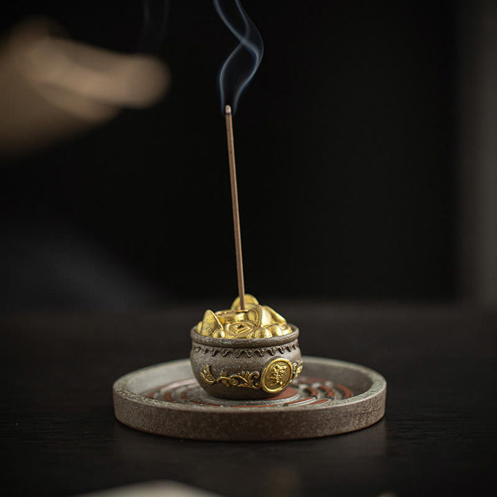 Buddha Stonesの小さな宝鉢、福袋、八卦盆、癒しの陶器スティック香炉装飾