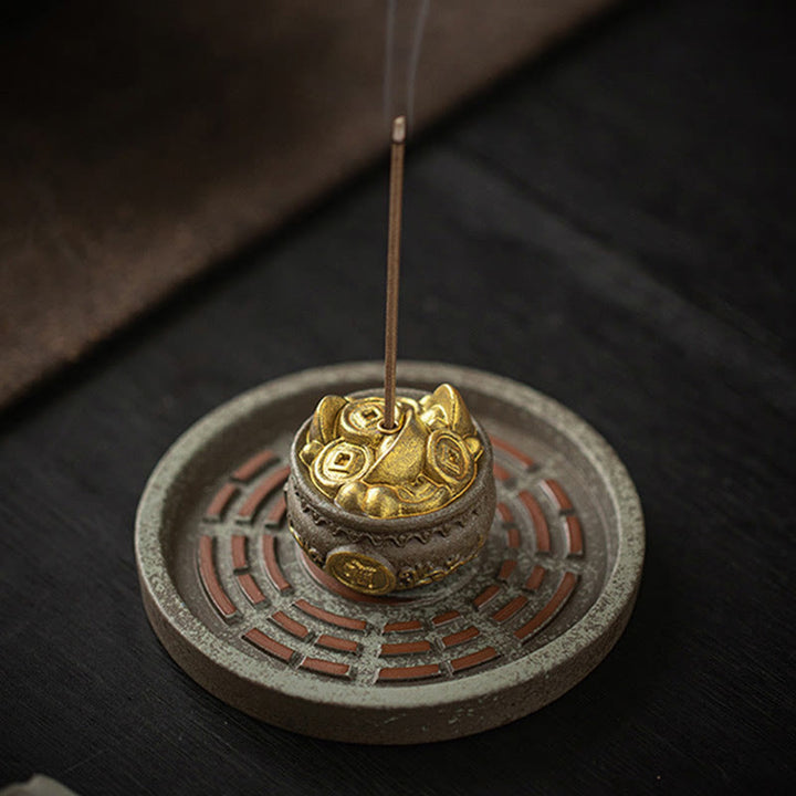 Buddha Stonesの小さな宝鉢、福袋、八卦盆、癒しの陶器スティック香炉装飾
