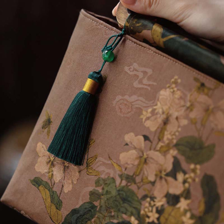 Buddha Stones、ヴィンテージブラウンフラワー、グリーン竹の葉、木製ハンドル、ジッパーハンドバッグ