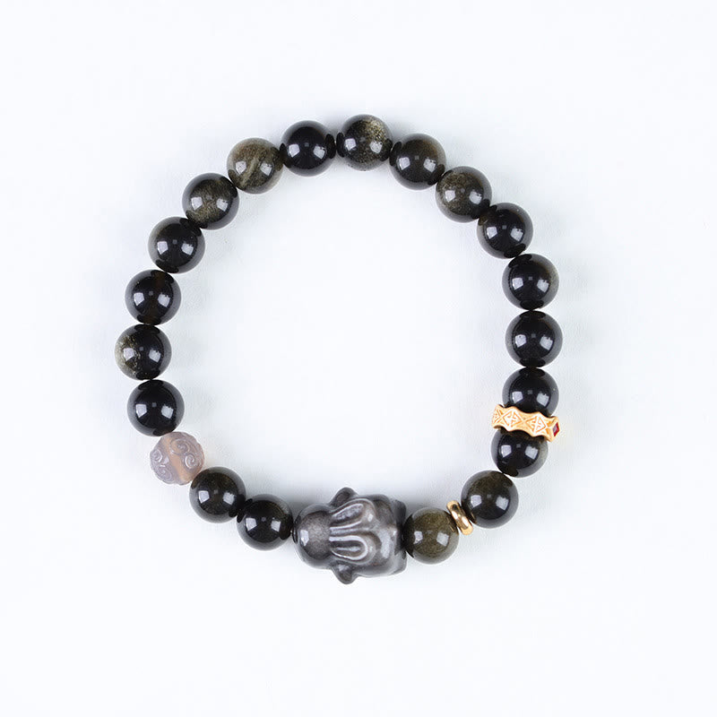 Buddha Stones金色光沢黒曜石 黒曜石 銀色光沢黒曜石 かわいいウサギの守護ブレスレット