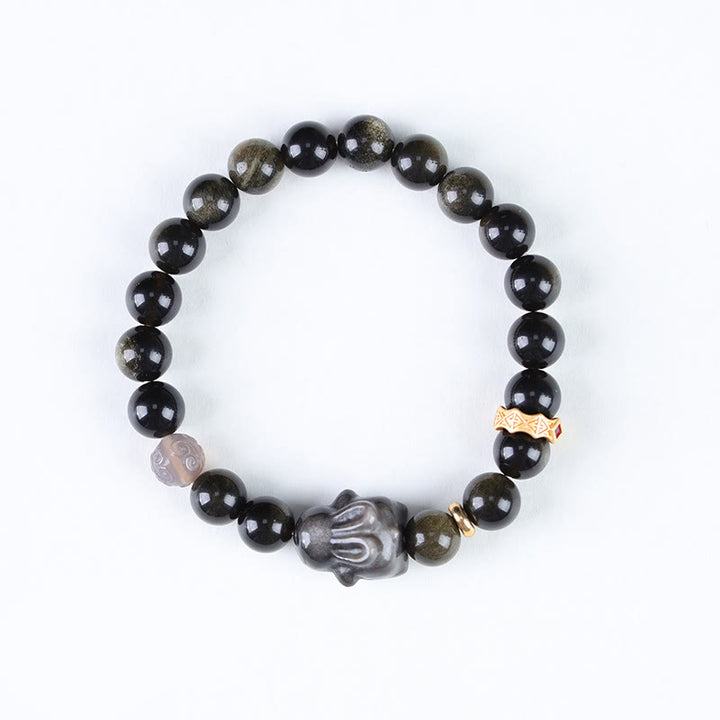 Buddha Stones金色光沢黒曜石 黒曜石 銀色光沢黒曜石 かわいいウサギの守護ブレスレット