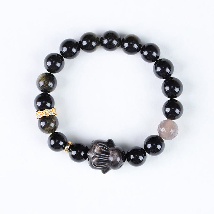 Buddha Stones金色光沢黒曜石 黒曜石 銀色光沢黒曜石 かわいいウサギの守護ブレスレット