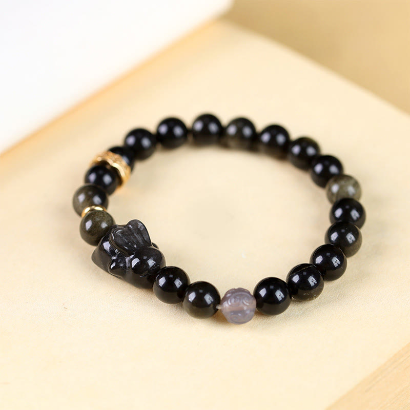 Buddha Stones金色光沢黒曜石 黒曜石 銀色光沢黒曜石 かわいいウサギの守護ブレスレット