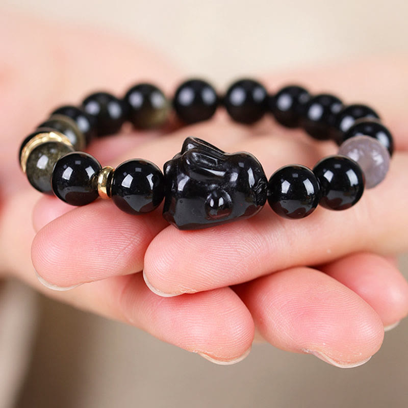 Buddha Stones金色光沢黒曜石 黒曜石 銀色光沢黒曜石 かわいいウサギの守護ブレスレット