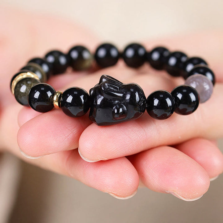 Buddha Stones金色光沢黒曜石 黒曜石 銀色光沢黒曜石 かわいいウサギの守護ブレスレット