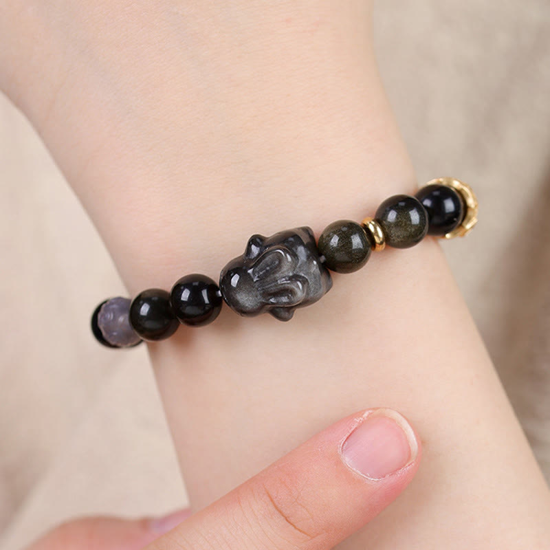 Buddha Stones金色光沢黒曜石 黒曜石 銀色光沢黒曜石 かわいいウサギの守護ブレスレット