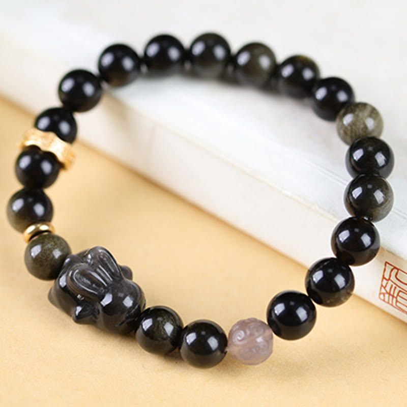 Buddha Stones金色光沢黒曜石 黒曜石 銀色光沢黒曜石 かわいいウサギの守護ブレスレット