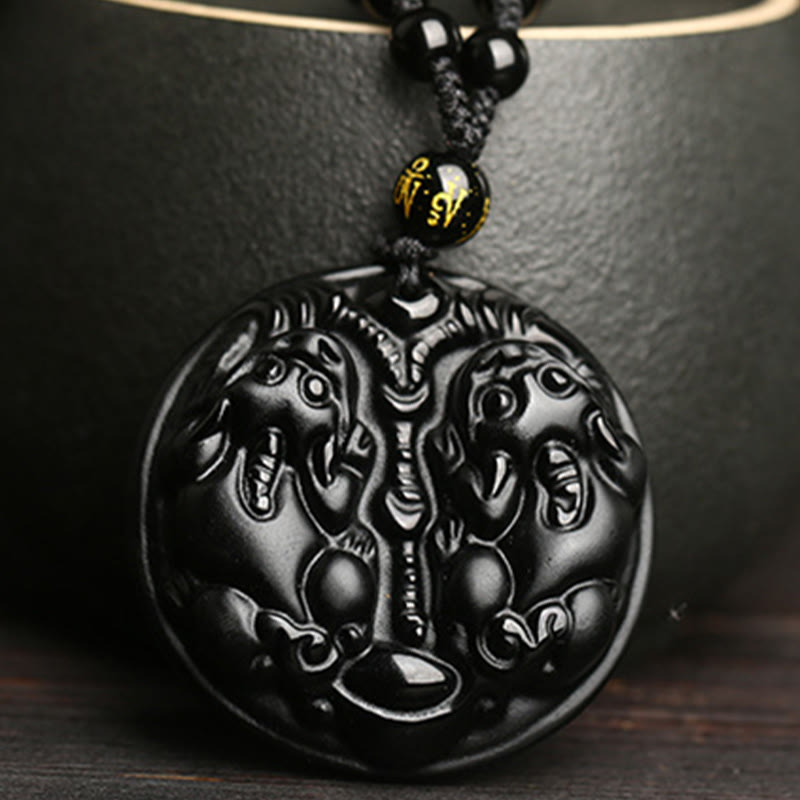Buddha Stones黒曜石 ダブルPiXiuビーズ ロープ 浄化ネックレス ペンダント