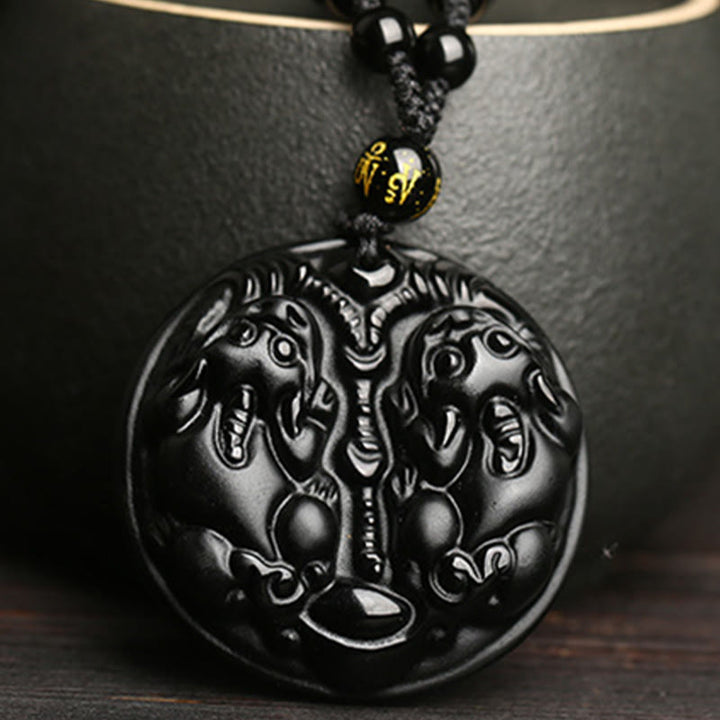Buddha Stones黒曜石 ダブルPiXiuビーズ ロープ 浄化ネックレス ペンダント