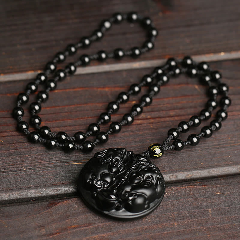 Buddha Stones黒曜石 ダブルPiXiuビーズ ロープ 浄化ネックレス ペンダント
