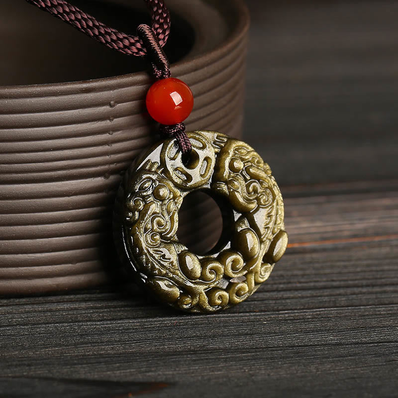 Buddha Stonesゴールド 光沢 黒曜石 平和バックルPiXiu銅貨 富のネックレス ペンダント