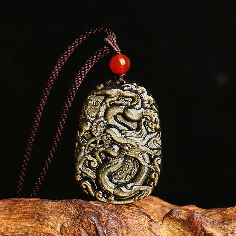 Buddha Stonesゴールド光沢黒曜石ドラゴン柄成功ネックレスペンダント - ゴールドシーンオブシディアン - image 1
