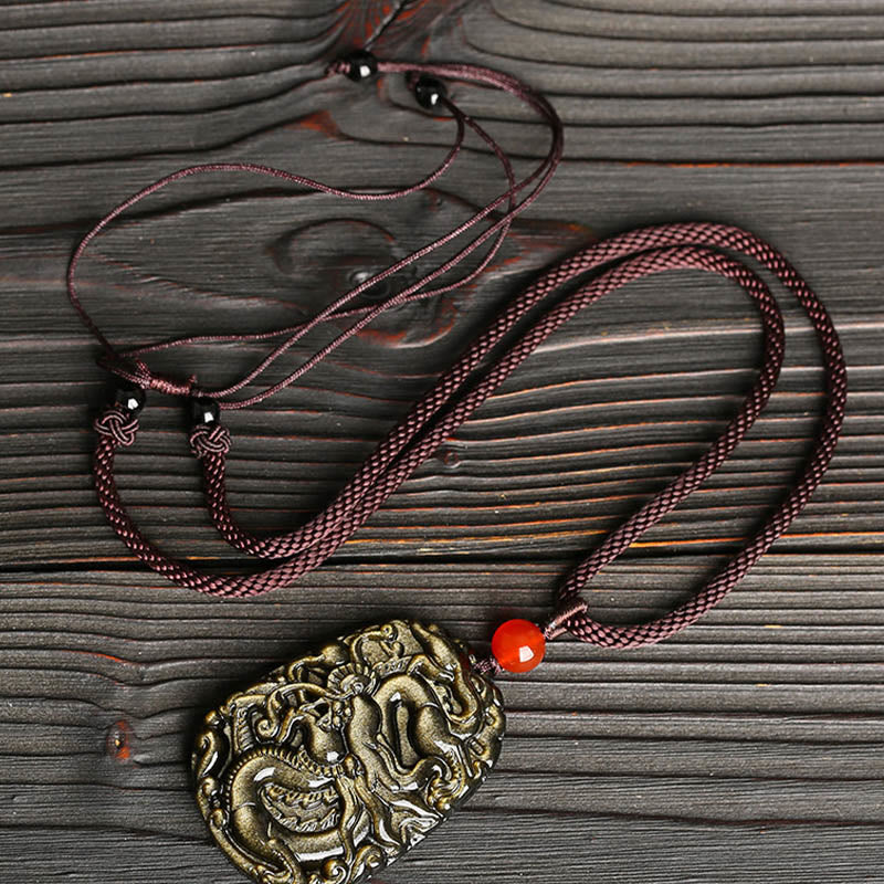 Buddha Stonesゴールド光沢黒曜石ドラゴン柄成功ネックレスペンダント - image 3