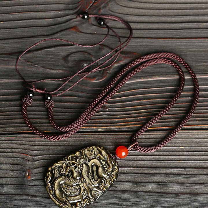 Buddha Stonesゴールド光沢黒曜石ドラゴン柄成功ネックレスペンダント - image 3