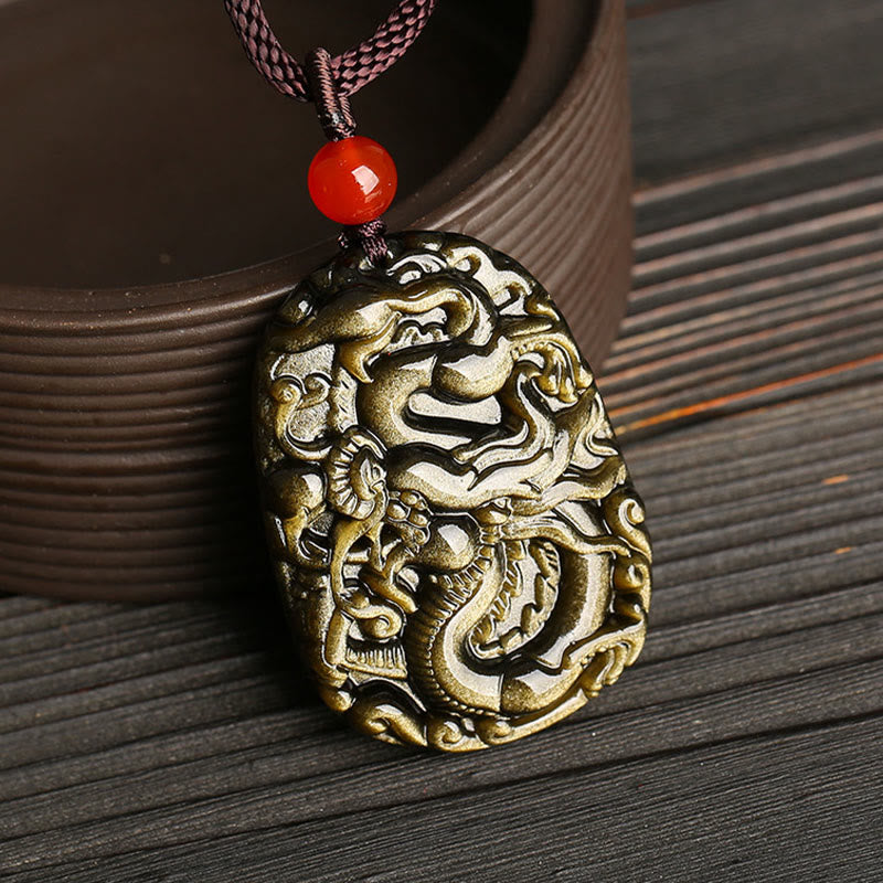 Buddha Stonesゴールド光沢黒曜石ドラゴン柄成功ネックレスペンダント - image 2