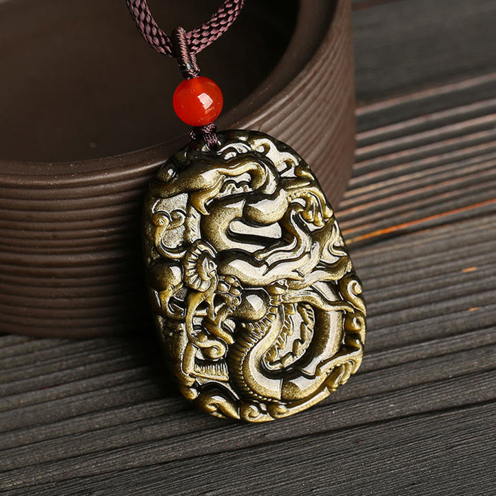 Buddha Stonesゴールド光沢黒曜石ドラゴン柄成功ネックレスペンダント - image 2