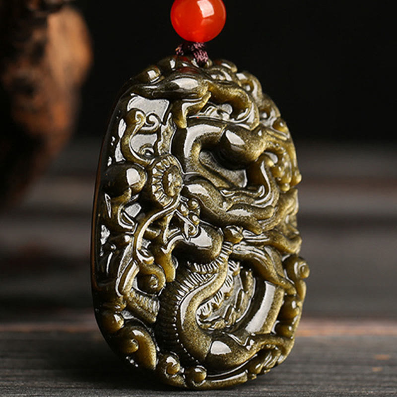 Buddha Stonesゴールド光沢黒曜石ドラゴン柄成功ネックレスペンダント - image 4