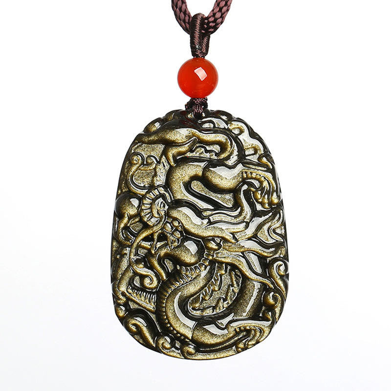 Buddha Stonesゴールド光沢黒曜石ドラゴン柄成功ネックレスペンダント - image 6