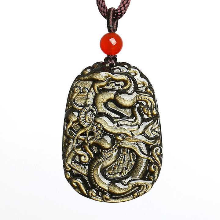 Buddha Stonesゴールド光沢黒曜石ドラゴン柄成功ネックレスペンダント - image 6
