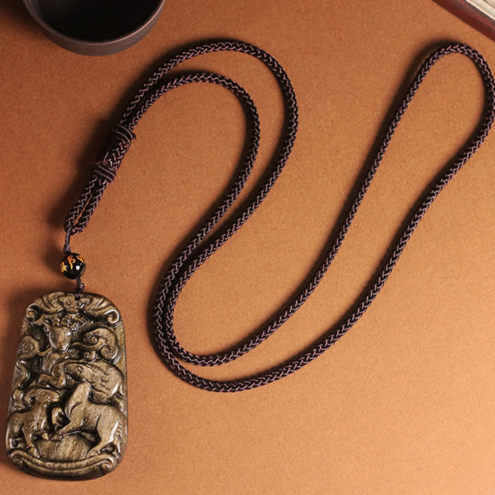 Buddha Stones金彩黒曜石 三匹のヤギ 幸運をもたらす 富のネックレスペンダント