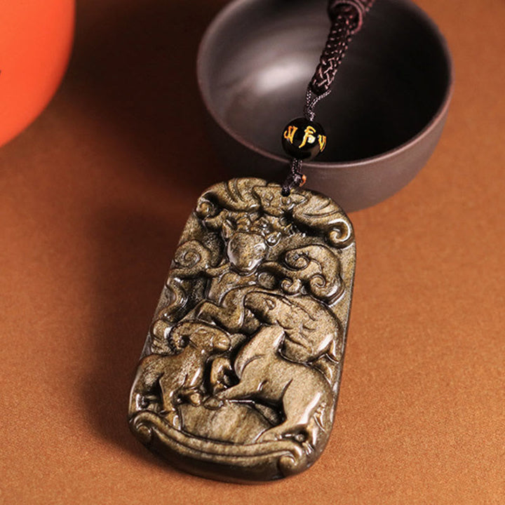 Buddha Stones金彩黒曜石 三匹のヤギ 幸運をもたらす 富のネックレスペンダント