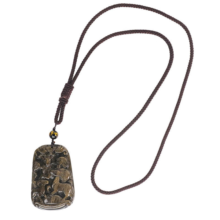 Buddha Stones金彩黒曜石 三匹のヤギ 幸運をもたらす 富のネックレスペンダント