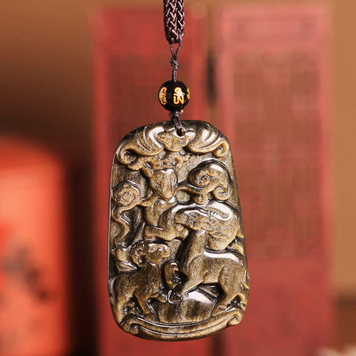 Buddha Stones金彩黒曜石 三匹のヤギ 幸運をもたらす 富のネックレスペンダント