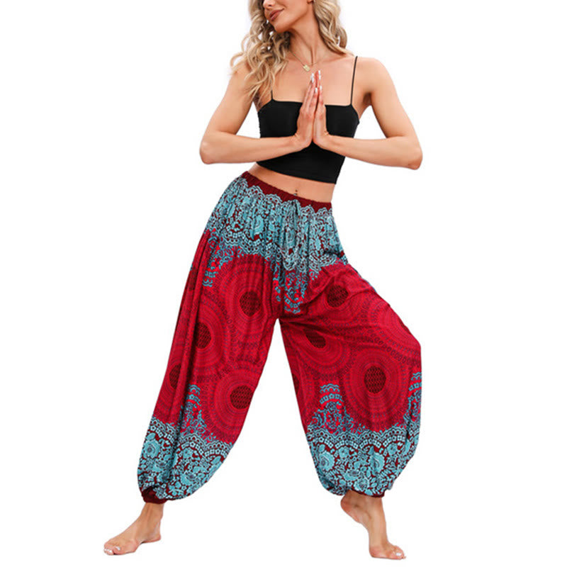 Buddha Stonesのゆったりとした円形の花柄ハーレムパンツレディースヨガパンツ - レッド（ US4-8/10、 UK/AU8-12/14、EU36-40/42に適合） - image 1