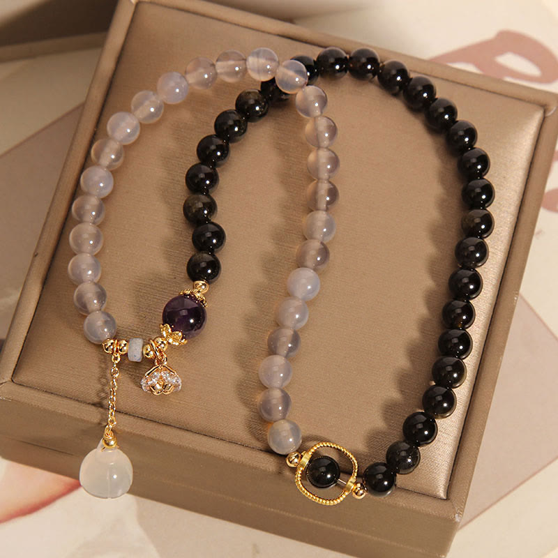 Buddha Stonesゴールドシーン オブシディアン グレーアゲート ロータスチャーム 強化ダブルラップブレスレット