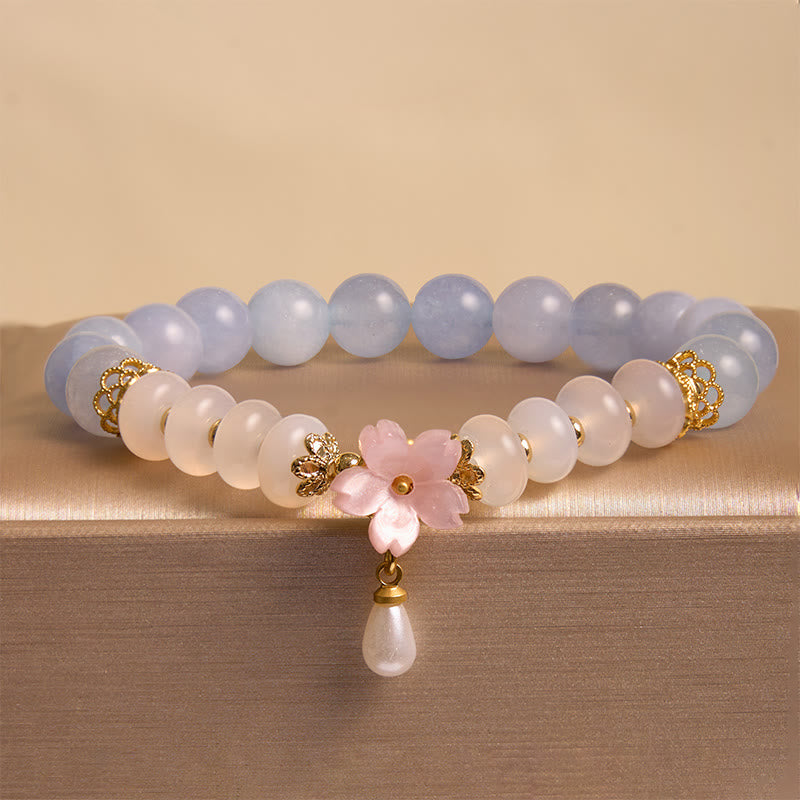 Buddha Stonesアクアマリン ホワイトアゲート パール そろばんビーズ フラワーヒーリングブレスレット