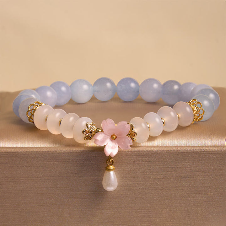 Buddha Stonesアクアマリン ホワイトアゲート パール そろばんビーズ フラワーヒーリングブレスレット
