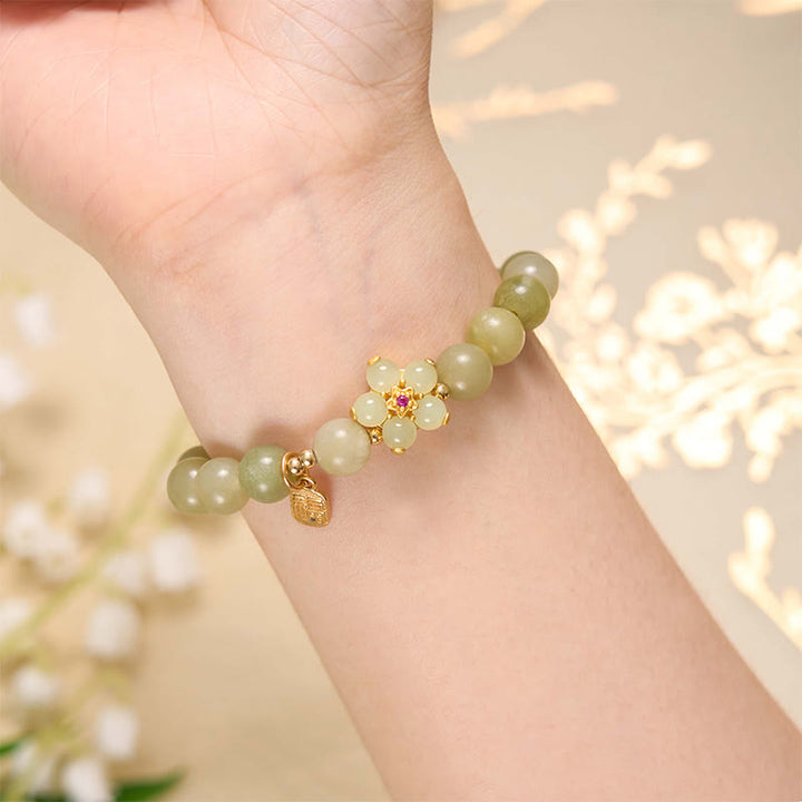 Buddha Stones 緑翡翠 花モチーフ 福チャーム 幸運 ブレスレット
