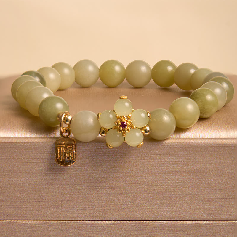 Buddha Stones 緑翡翠 花モチーフ 福チャーム 幸運 ブレスレット