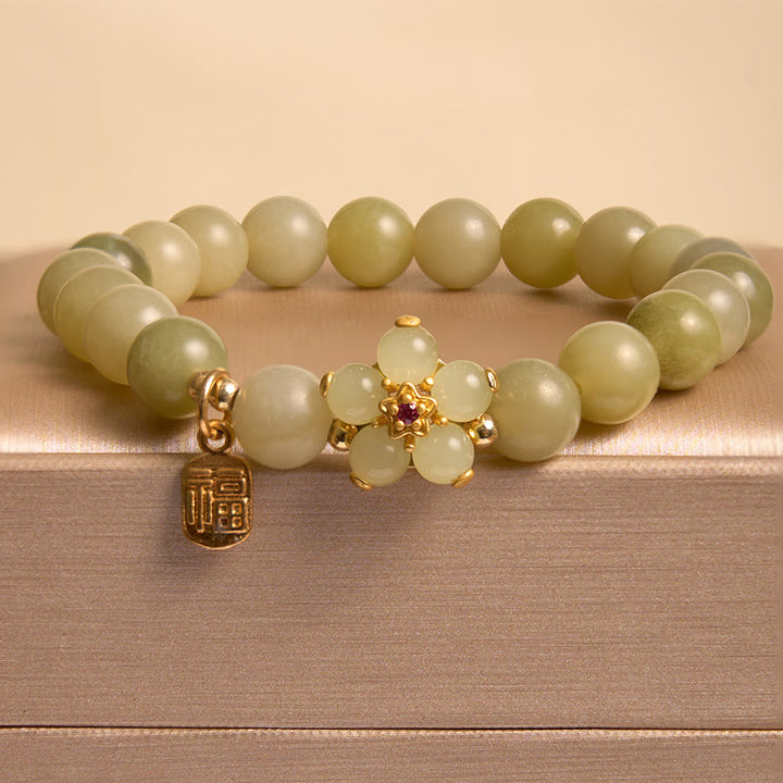 Buddha Stones 緑翡翠 花モチーフ 福チャーム 幸運 ブレスレット