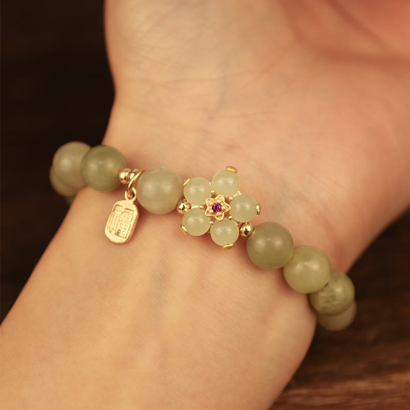 Buddha Stones 緑翡翠 花モチーフ 福チャーム 幸運 ブレスレット