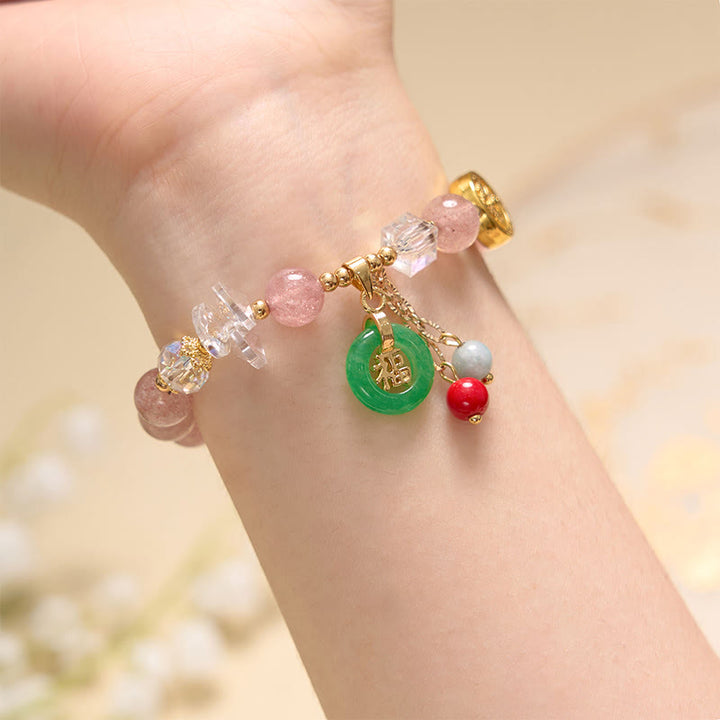 Buddha Stones ストロベリークォーツ＆翡翠 福チャーム付き ヒーリングブレスレット