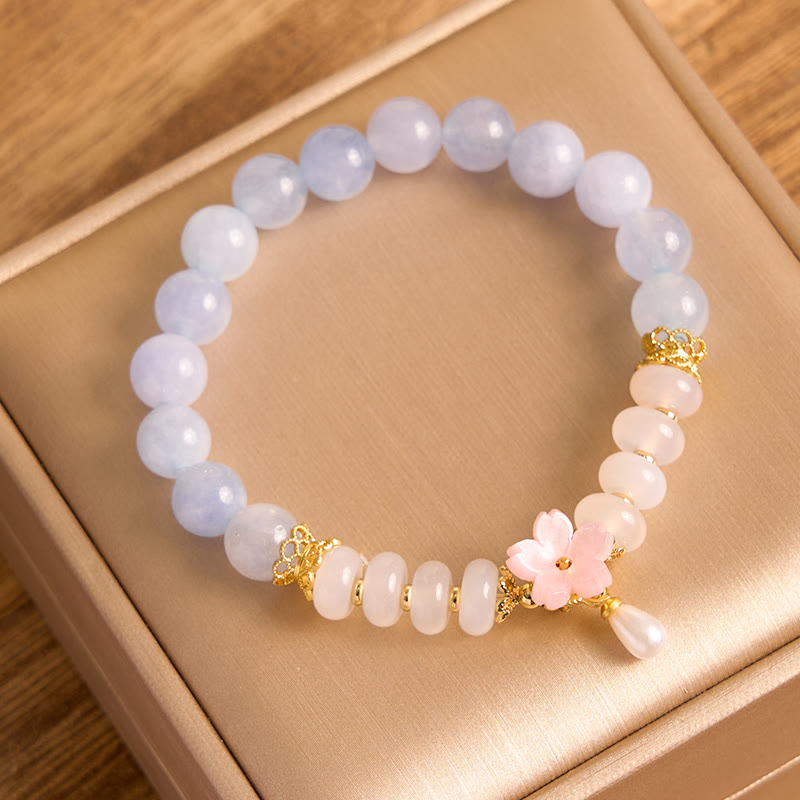 Buddha Stonesアクアマリン ホワイトアゲート パール そろばんビーズ フラワーヒーリングブレスレット